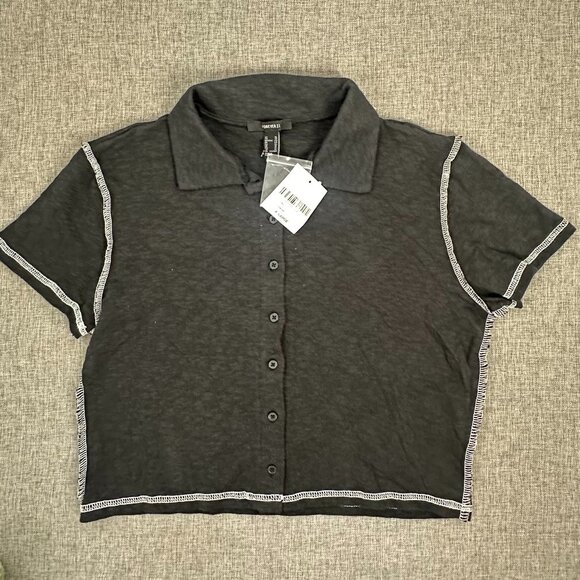 NEW! Forever 21 Button Down Shirt Collared Juniors XL Cotton Short Sleeve - Picture 2 of 12